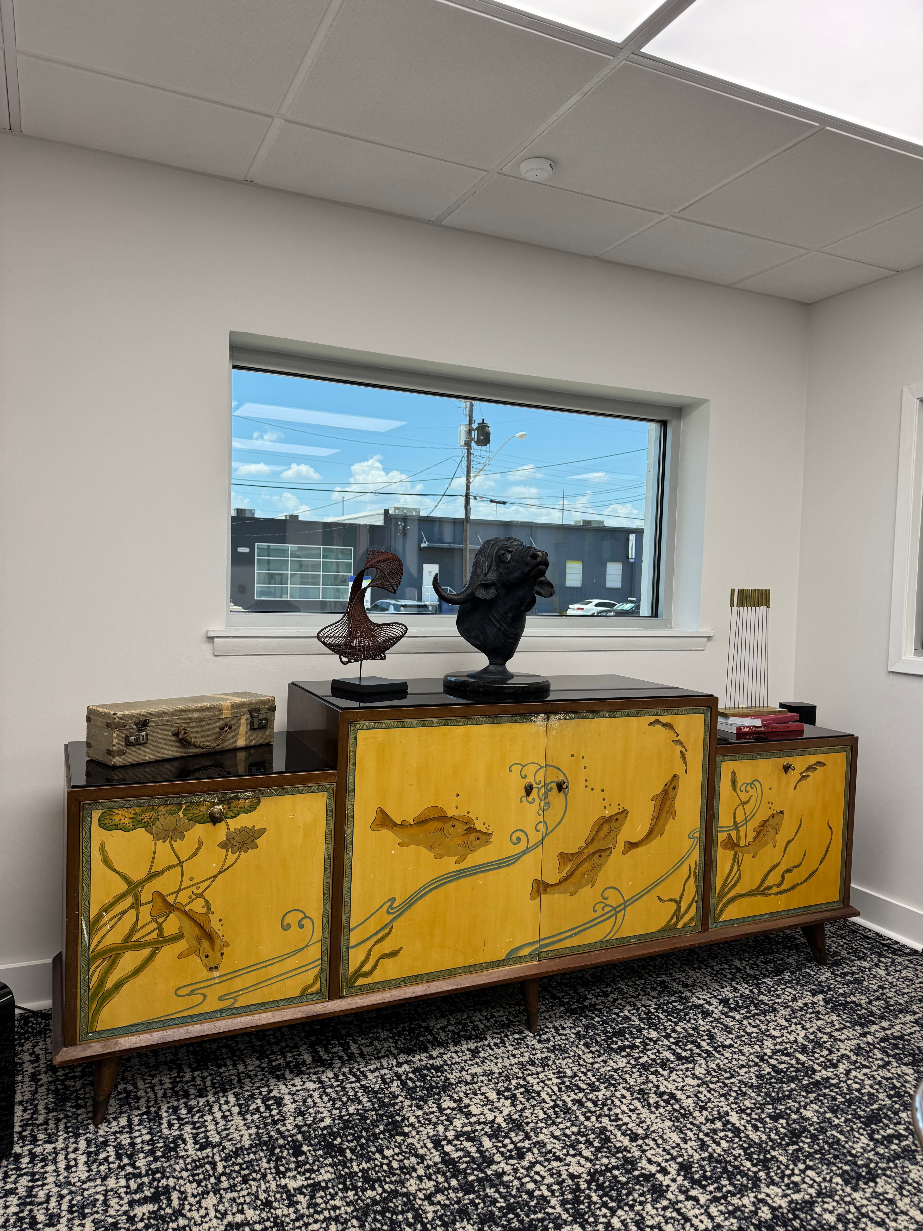 Antique Hand-Painted Koi Credenza